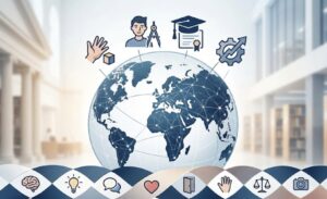 地球儀を中心に、国際バカロレア（IB）の4つのプログラム（PYP、MYP、DP、CP）と10の学習者像を象徴するアイコンが繋がる、専門的で学術的なイラスト。